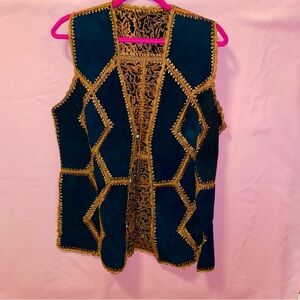 Hand-embroidered Suede Black Vest Yellow Gold Hippie Peace 1970 1960 Large XL